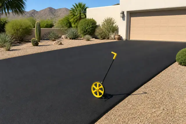 Freshly sealed black asphalt driveway at a residential home in Scottsdale, AZ with a yellow measuring wheel.