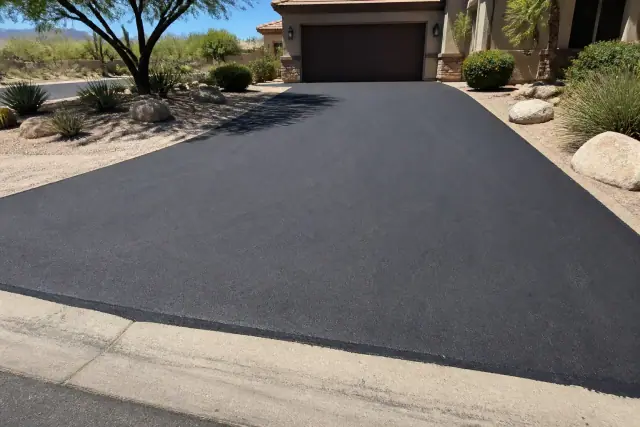 Freshly paved dark asphalt driveway in a residential yard under bright sun in Scottsdale, AZ.