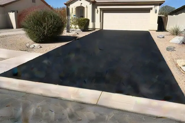 Freshly paved black asphalt driveway with clean edges at a home in Tempe, AZ.