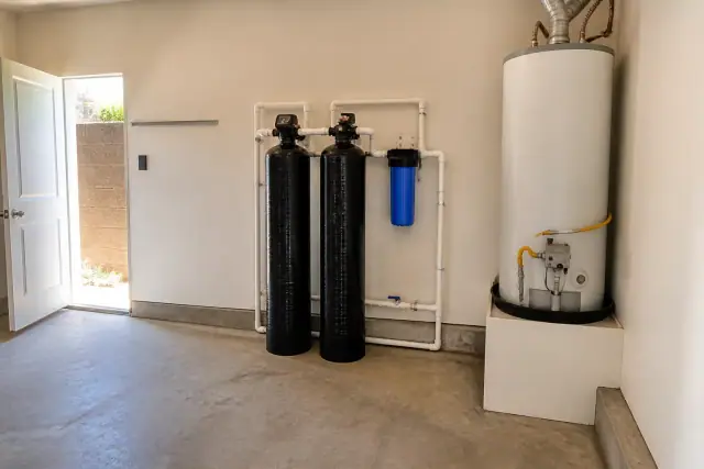 PFAS water filtration system with dual tanks and PVC piping installed in a residential garage in Tempe, AZ.