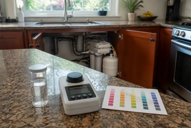 Water quality testing kit with vials and a digital colorimeter on a granite kitchen island in a Tempe, AZ home.