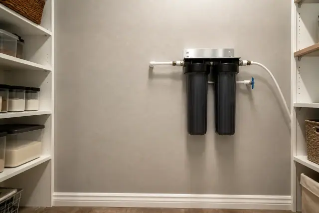 Dual carbon filter housings installed on a residential pantry wall in Tempe, AZ.