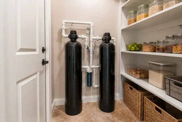Two tall water filtration tanks with clean white plumbing installed in a residential pantry in Gilbert, AZ.