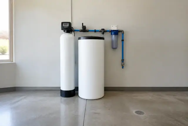 Water softener and carbon filtration system installed in a service room in Mesa, AZ.