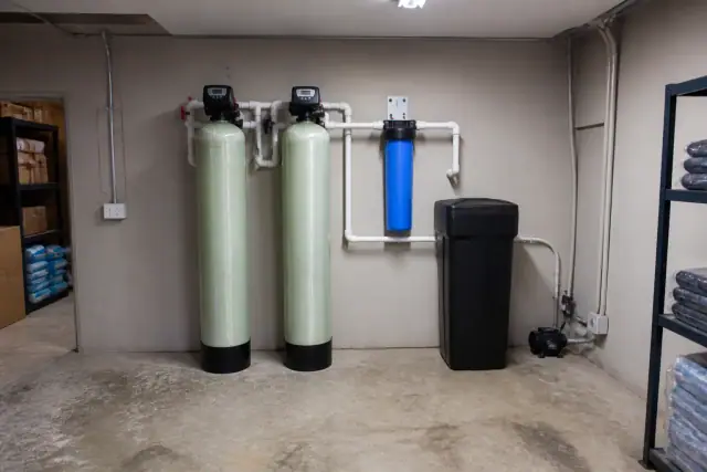 Water softener and carbon filtration system with PVC piping installed in a Scottsdale, AZ utility room.