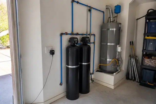 Catalytic carbon water filter system installed next to a water heater in a Tempe, AZ garage.