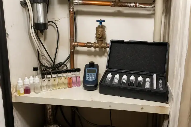 Water quality testing kit and digital meter on a shelf with copper pipes in a Tempe, AZ apartment mechanical closet.