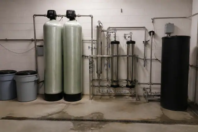 Commercial water filtration system with industrial tanks and pipes in an Avondale, AZ utility room.