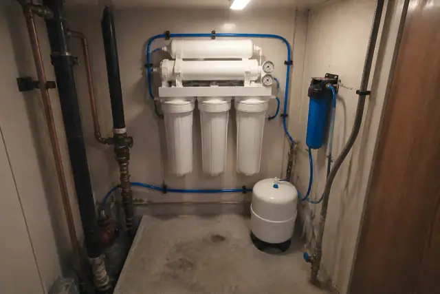 Commercial reverse osmosis filtration system installed in a mechanical closet in Tempe, AZ.