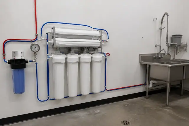 Commercial reverse osmosis water filtration system installed in a restaurant utility room in Tempe, AZ.