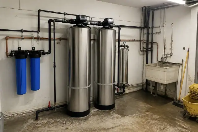 Stainless steel commercial water filtration system installed in a laundry room mechanical space in Glendale, AZ.