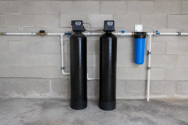 Commercial water filtration system with two tanks and PEX piping installed on a garage wall in Goodyear, AZ.