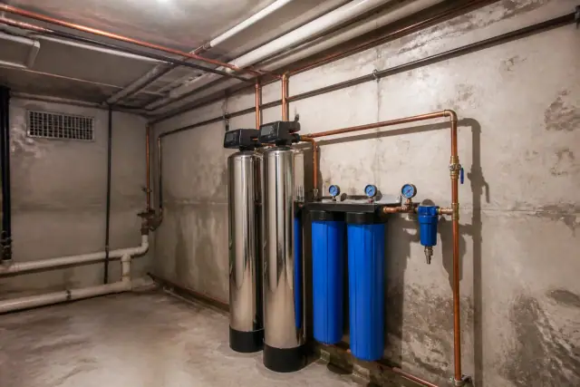 Stainless steel water filtration system with copper piping in a mechanical room in Mesa, AZ.