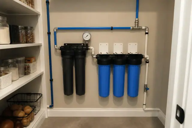 Water filtration system with blue and white piping installed on a residential pantry wall in Peoria, AZ.