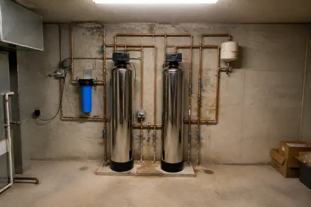 Commercial water filtration system with stainless steel tanks and copper piping in a Chandler, AZ mechanical room.
