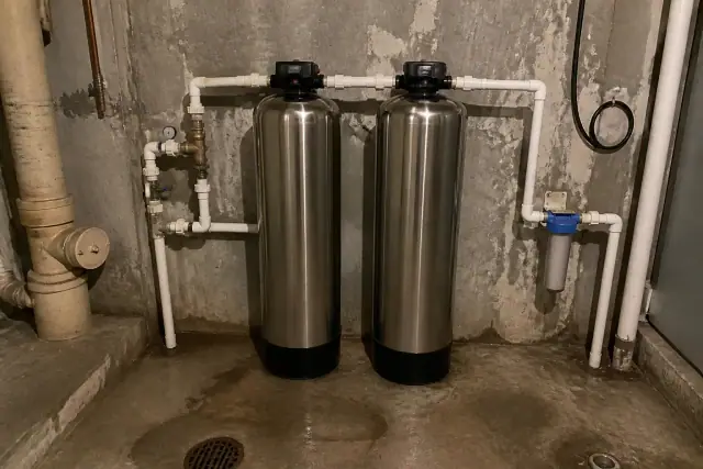Stainless steel water filtration system with PVC piping in a mechanical room in Phoenix, AZ.