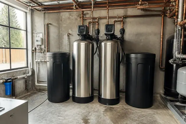 Commercial water softener system with industrial brine tanks and copper piping in a mechanical room in Tempe, AZ.
