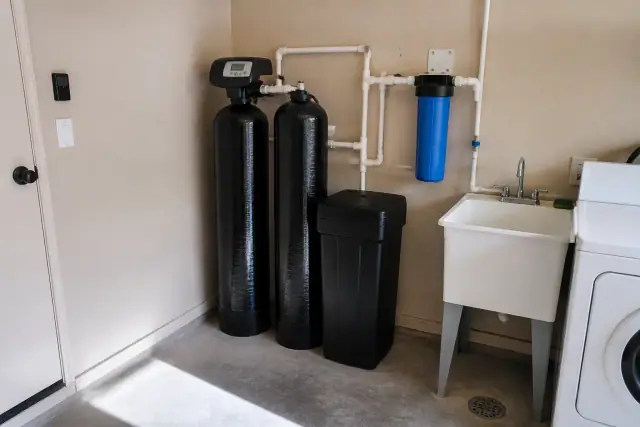 Water softener and filtration system with blue sediment filter in an Avondale, AZ laundry room.