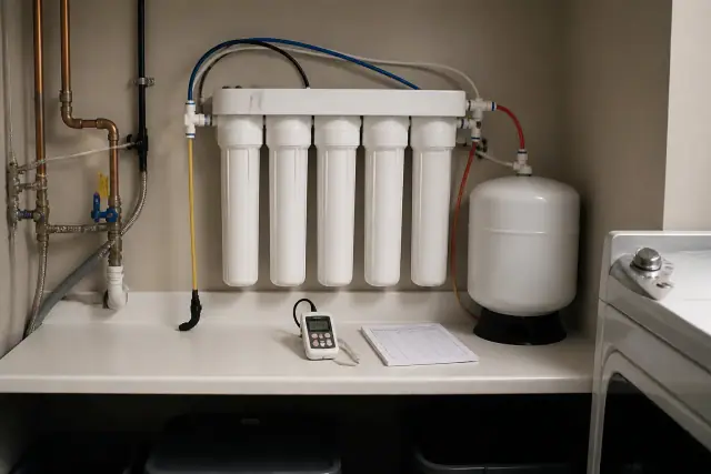 Five-stage reverse osmosis water filtration system installed in a laundry room in Tempe, AZ.