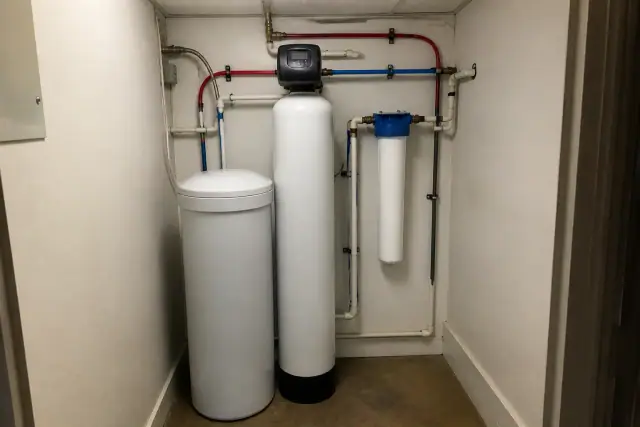 Water softener and filtration system installed in a utility closet in Mesa, AZ.