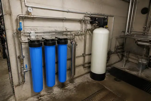 Water filtration and softener system with blue filters and stainless steel pipes in a restaurant utility room, Peoria, AZ.
