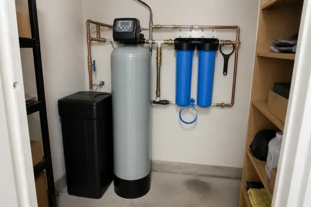 Water softener and filtration system with copper piping installed in a Phoenix, AZ office utility closet.