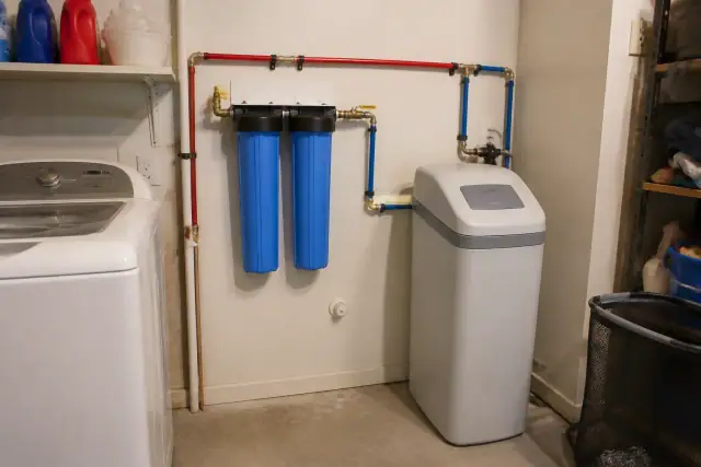 Whole-home water filtration and softener system with PEX piping installed in a Tempe, AZ laundry room.