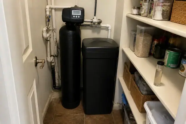Water softener installed with white PVC plumbing on a pantry shelf in a Tempe, AZ home.