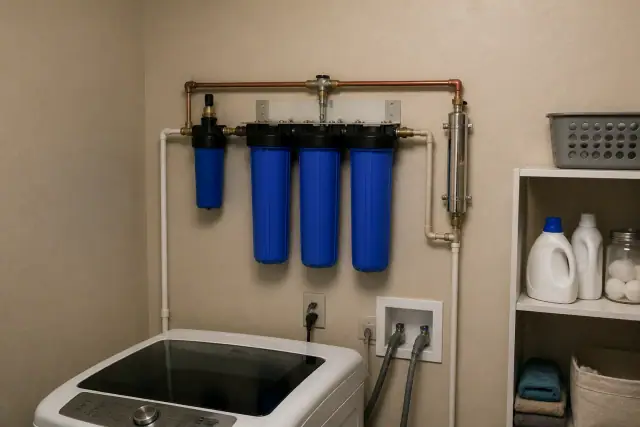 Whole house water filtration system installed on a laundry room wall in Tempe, AZ.