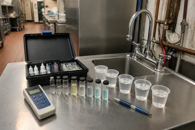 In-home water testing kit with vials and a digital meter on a stainless steel table in a Tempe, AZ restaurant kitchen.