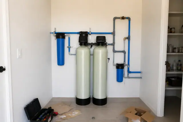Two residential water filtration tanks with blue and grey plumbing installed on a pantry wall in Tempe, AZ.