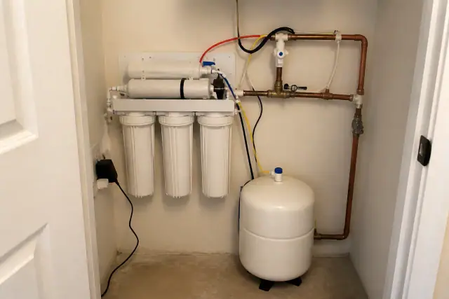 Reverse osmosis water filtration system installed in a utility closet in Goodyear, AZ.