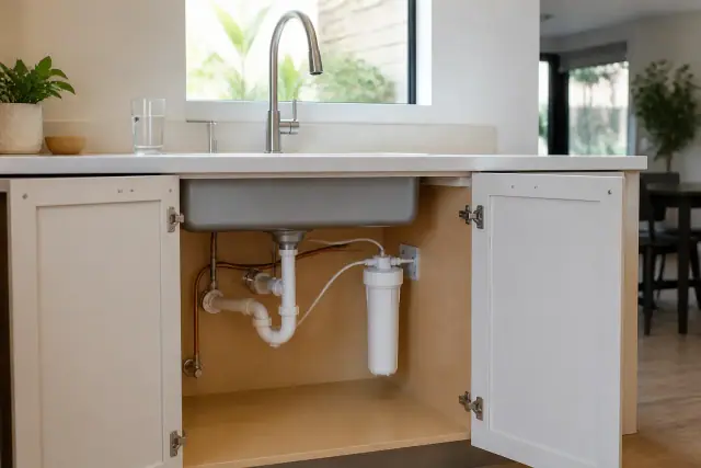 Under-sink water filtration system installed in a kitchen cabinet in Tempe, AZ.