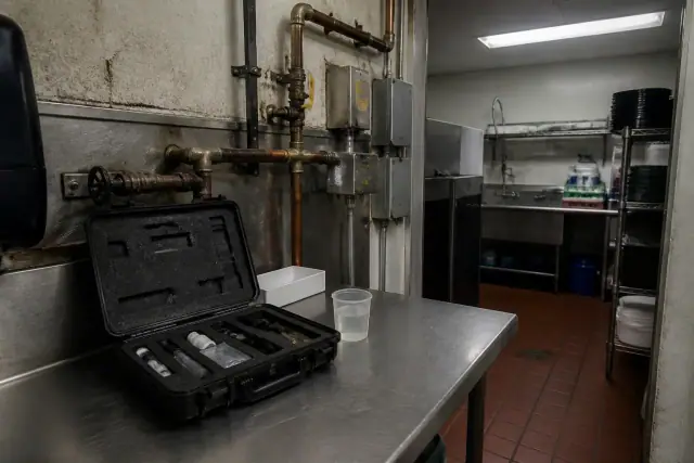 Water quality testing kit on a stainless steel prep table in a Tempe, AZ restaurant utility area.