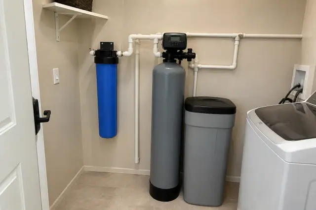 Whole-home water filtration and softener system installed in a laundry room in Goodyear, AZ.