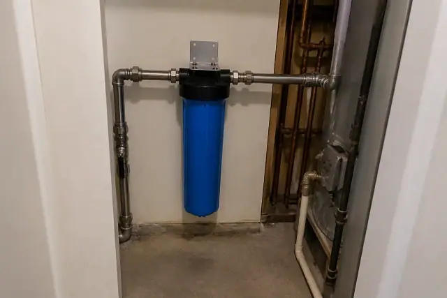 Whole-home water filtration system with blue filter housing and stainless steel pipes in a Surprise, AZ apartment closet.