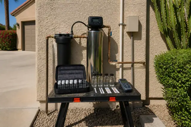 Water quality testing kit with vials and a digital meter on a workbench against a stucco wall in Tempe, AZ.