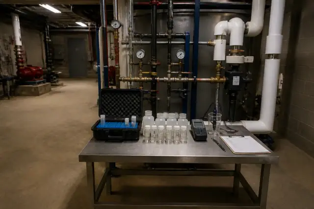 Water sampling vials and testing equipment on a workbench in a commercial mechanical room in Tempe, AZ.