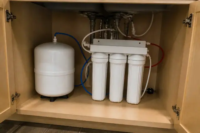 Water softener and filtration system installed under a kitchen sink in a Goodyear, AZ home.