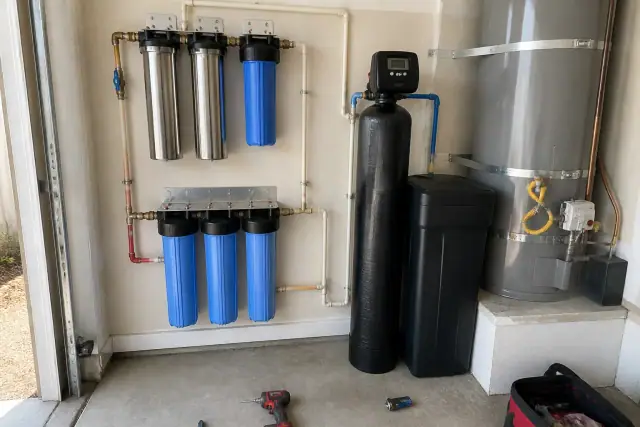 Water softener and PFAS filtration system installed in a garage in Avondale, AZ.