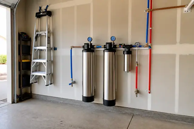 PFAS water filtration system with stainless steel housings and blue gauges installed in a garage in Glendale, AZ.