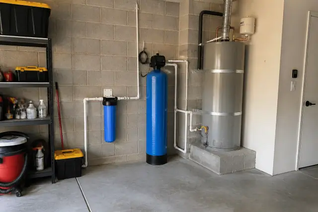 PFAS water filtration system installed in a residential garage corner in Chandler, AZ.