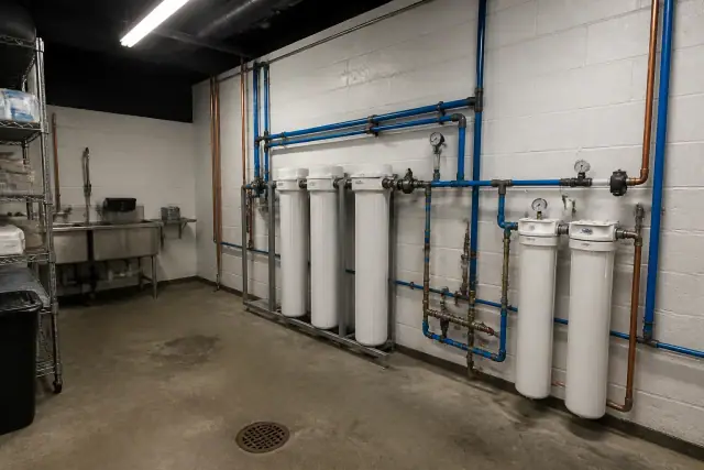 Industrial PFAS water filtration system installed in a commercial restaurant utility room in Phoenix, AZ.