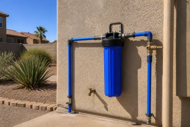 Water filtration system installed on a stucco exterior wall of a home in Tempe, AZ.