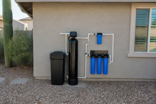 Water softener and reverse osmosis system installed on a stucco wall in Mesa, AZ.