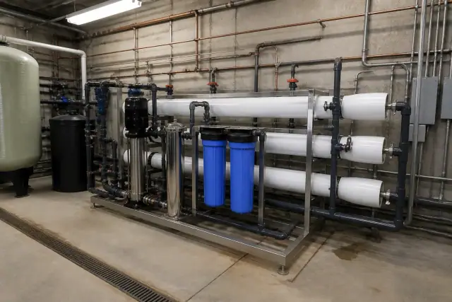 New reverse osmosis filter and membrane system installed in a mechanical room in Tempe, AZ.
