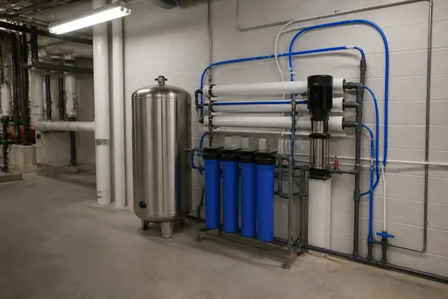 Reverse osmosis filtration system with a stainless steel tank in a commercial mechanical room in Tempe, AZ.