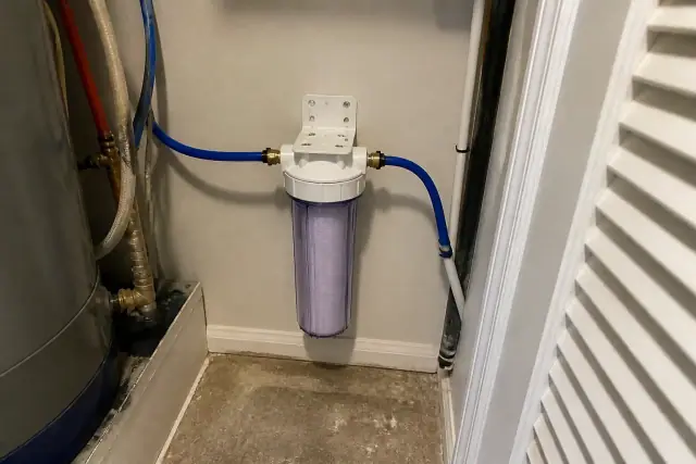 New sediment filter installation with PEX tubing in a small apartment mechanical closet in Tempe, AZ.