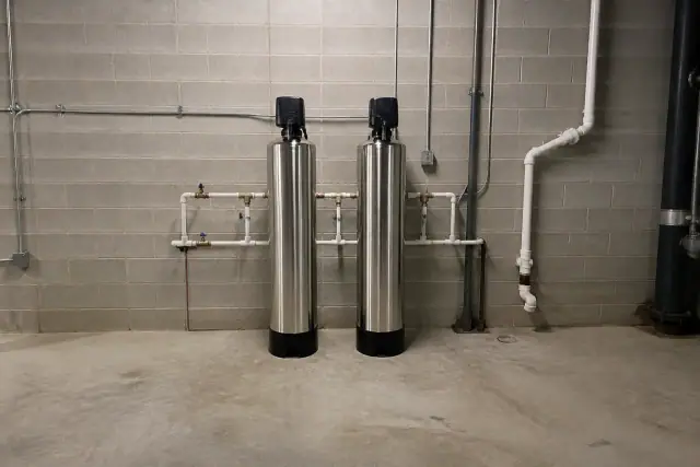 Salt-free water conditioner system with stainless steel tanks installed in a commercial mechanical room in Tempe, AZ.
