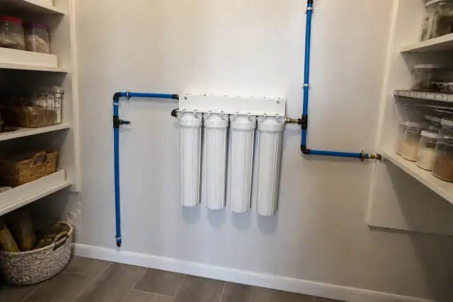 Water filtration system with white filters and blue pipes installed on a residential pantry wall in Goodyear, AZ.